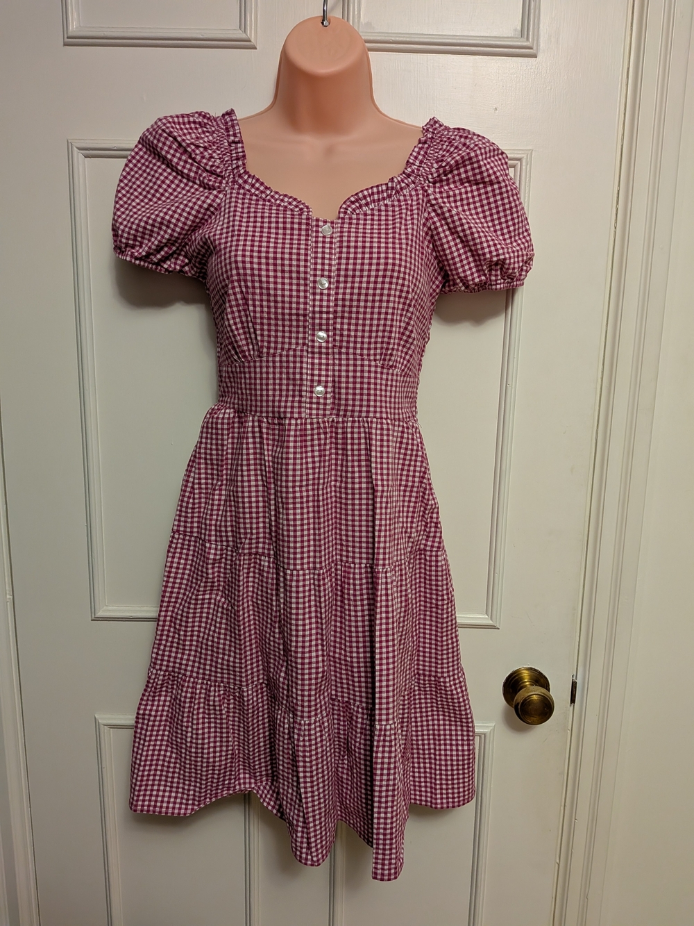 Gingham Puff-Sleeve Tiered Midi Dress in Pink